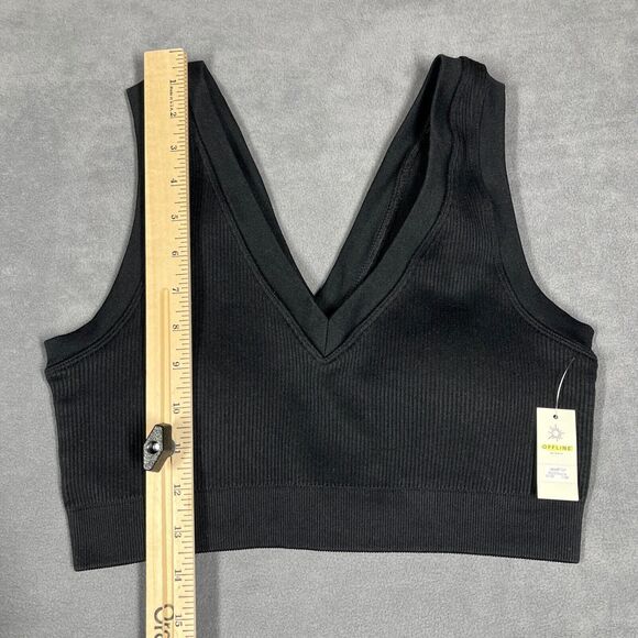 Aerie Offline Main Squeeze Sports Bra Large Black Seamless Ribbed Plunge NWT - Picture 7 of 8